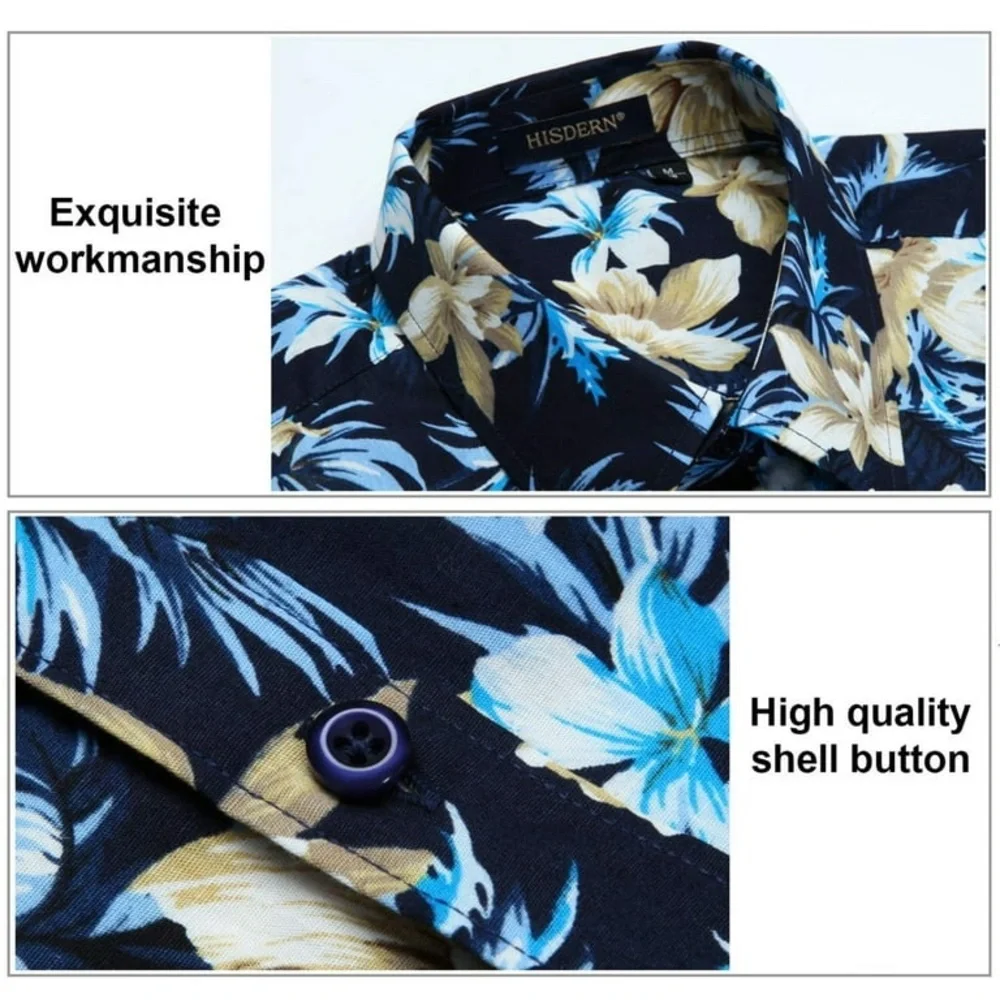 HISDERN Navy Blue Floral Hawaiian Short-Sleeve 100% Cotton Men’s Shirt Size L